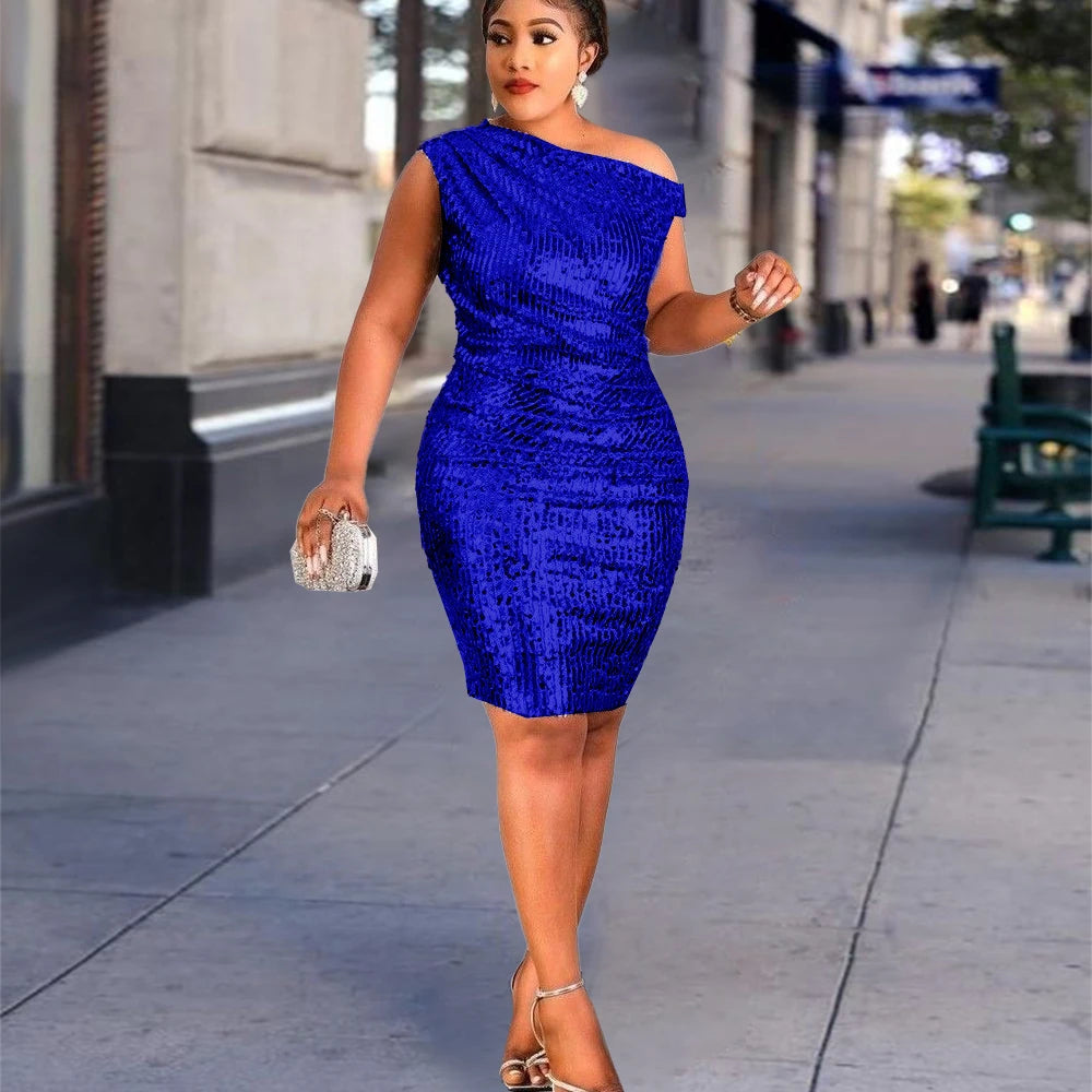 Sequin Dress Women Party Night Shiny Glitter Fashion Bodycon Prom Robe Large Size Sequins One Shoulder Quinceanera Gowns New In SHOWLU FASHION STORE