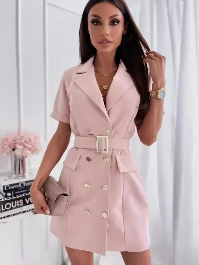 Elegant Office Lady Rose Red Mini Blazer Dress With Belt 2024 New Summer Fashion Double Breasted Short Sleeved Dress For Women SHOWLU FASHION STORE