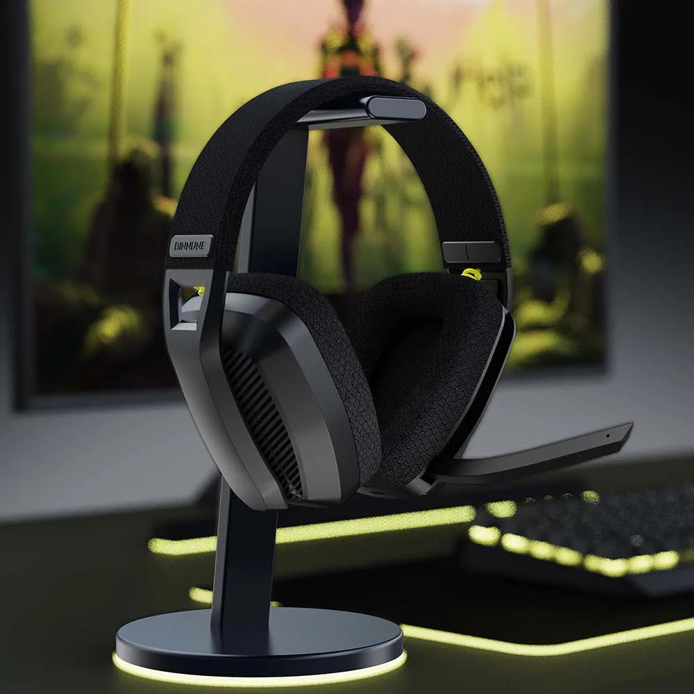 BINNUNE BW06 wireless gaming headset with microphone for PS5, PS4, PC, and Mac, featuring 2.4GHz Bluetooth connectivity and ergonomic design.