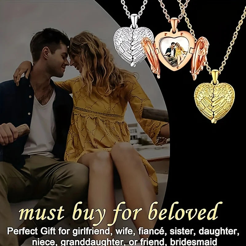 Showlu personalized photo angel wing locket necklace made of zinc alloy, featuring a delicate angel wing design.
