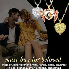 A heart-shaped locket necklace with angel wing details that opens to reveal a custom photo.