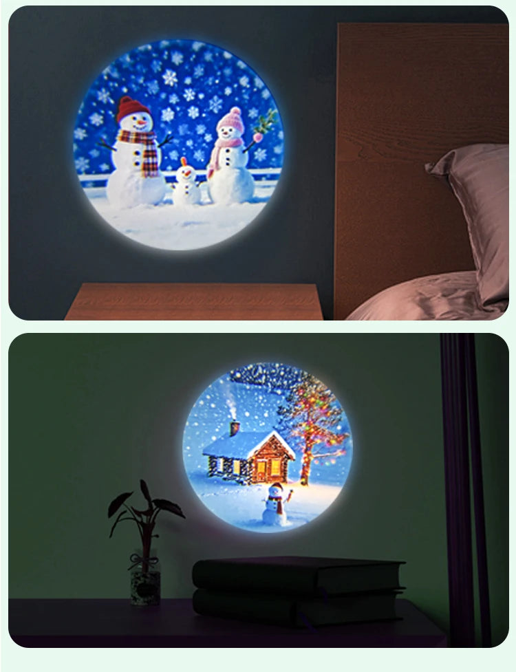 USB projector night light featuring Christmas elk and Santa Claus patterns, ideal for room ceiling or window decor.