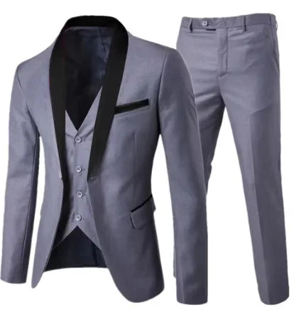 Elegant white men's three-piece tuxedo suit featuring retro carving design, slim fit style for prom, wedding, or formal parties.
