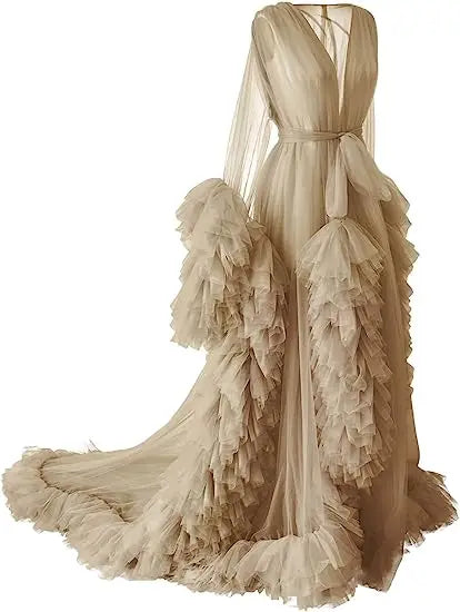 Elegant deep V-neck tulle maternity dress with lace hollow details, long sleeves, feather accents, perfect for photography or special occasions.