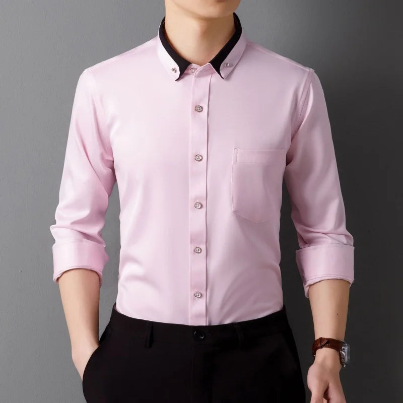 Men's Shirt Long Sleeve Elastic Wrinkle Proof Business Office Spring and Autumn Top Classic Solid royal blue -Black -White-green