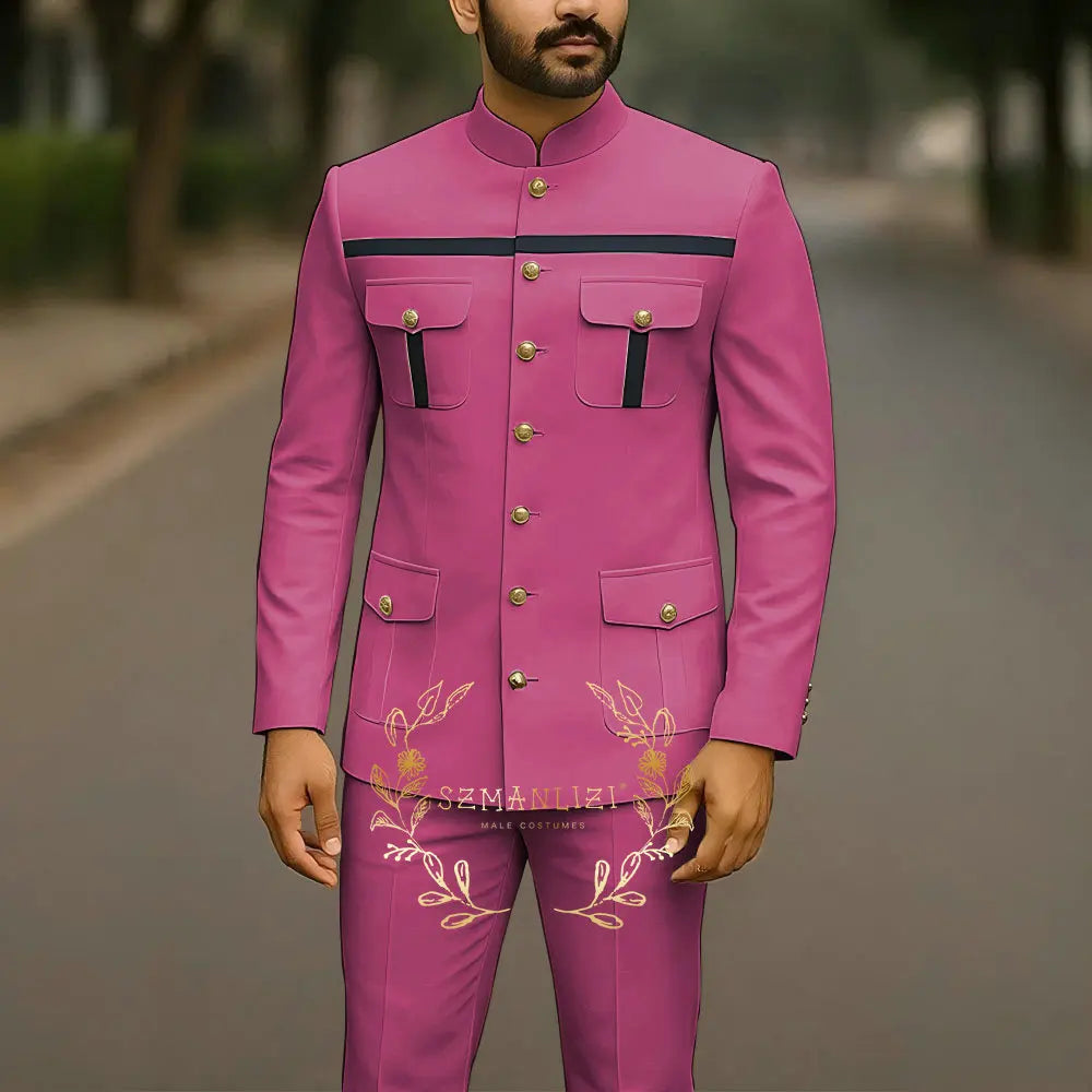 Showlu Fashion men's white single-breasted wedding suit with stand collar, jacket and pants, suitable for formal events and parties.