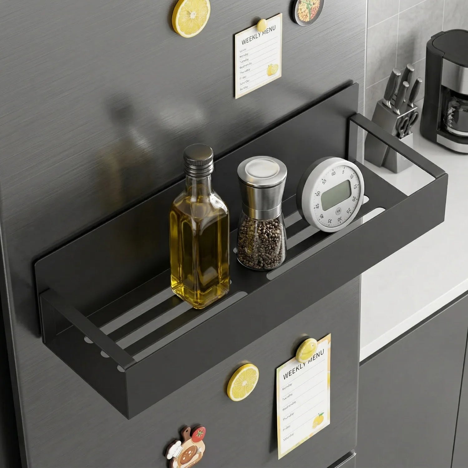 Showlu Smart General magnetic fridge spice rack with multiple spice jars attached to a refrigerator door for organized storage