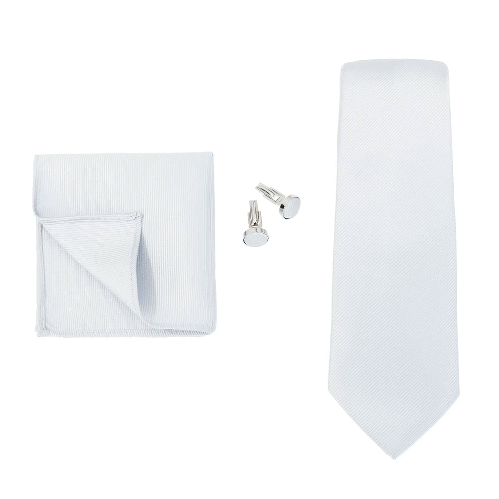 Solid color men's formal tie set including woven necktie, handkerchief, and cufflinks, ideal for wedding and business suits