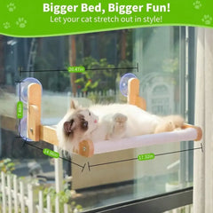 A wooden cat window perch with a soft white fabric bed and four suction cups.