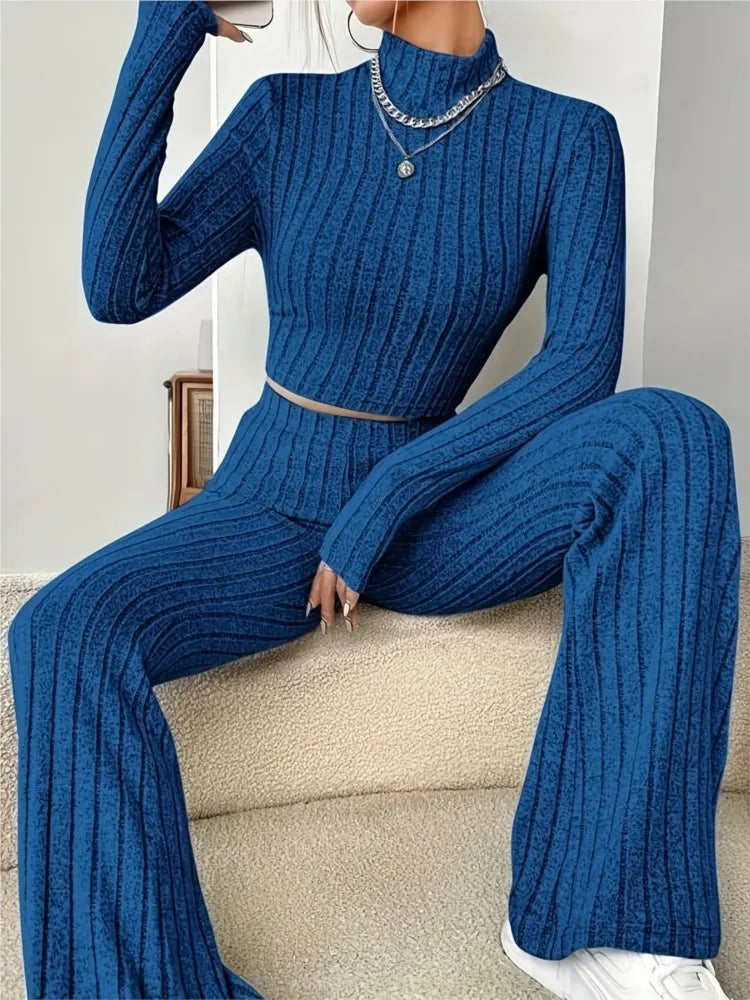 Autumn knitted two-piece women's bodycon suit with long sleeves, crop top, and flare pants, stylish vintage Y2K stretch outfit