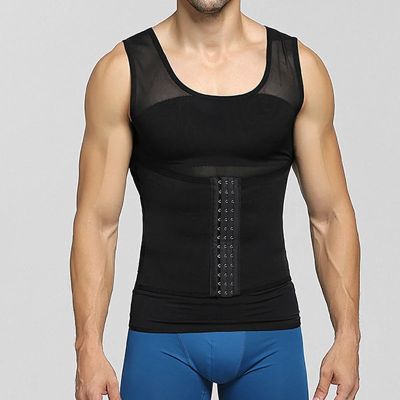 Mens Compression Vest Slimming Body Shaper Shirt Tummy Control Fitness Workout Tank Tops Abs Abdomen Undershirts with Hooks