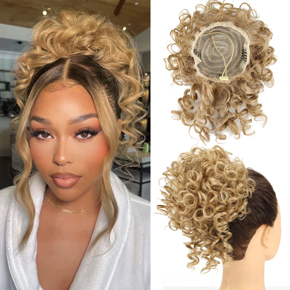 Synthetic Messy Bun Hair Piece 60g Elastic Drawstring Loose Wave Curly Hair Buns Hair Piece Extensions For Women Dark Brown
