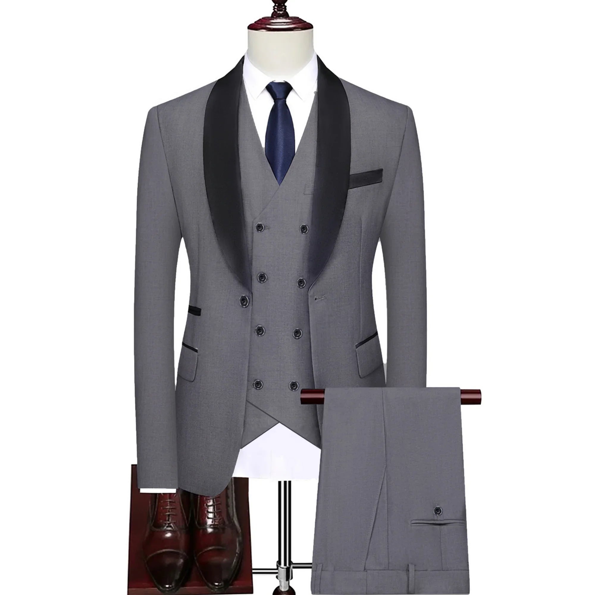 SHOWLU Men's 3-piece slim fit suit with wool blend tuxedo jacket, dress shirt, and trousers for wedding or business attire.