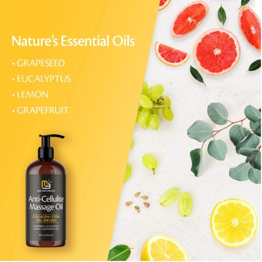 M3 Naturals Anti-Cellulite Massage Oil with collagen and grapeseed, 240ml, in a clear bottle with a pump dispenser.