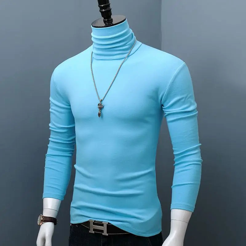 Dark red men's long sleeve turtleneck shirt from Showlu Fashion, classic autumn winter casual top with stretch fabric.