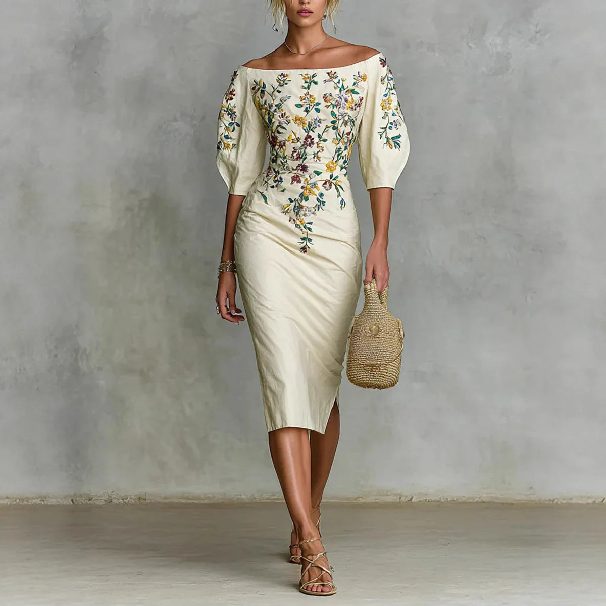 Women's digital print one-shoulder lantern sleeve sheath dress by XXOWENLI, featuring a stylish design and elegant fit.