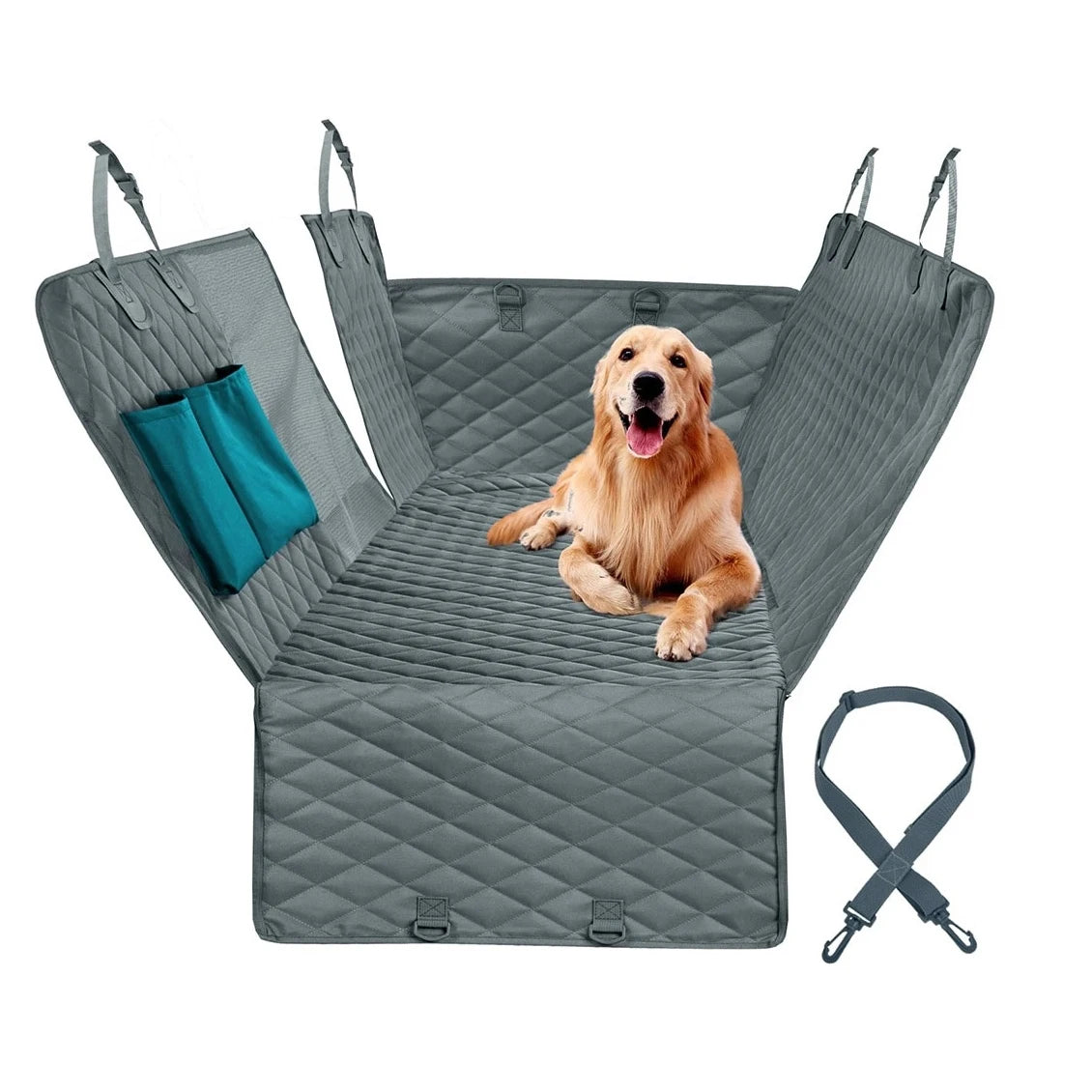 Waterproof dog car seat cover with safety belt, hammock style for SUVs and trucks, protects rear seats during travel.
