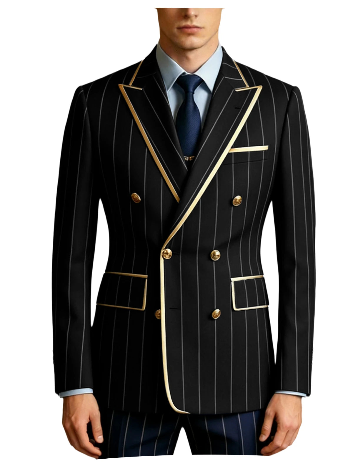 Men's Pinstripe Blazer Double Breasted Gold Trim Slim Fit Suit Jacket Peak Lapel Business Formal Tuxedo Coat for Wedding Prom