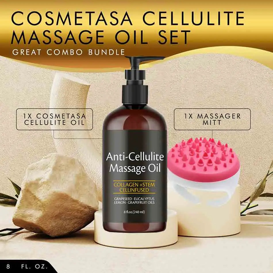 Showlu Anti Cellulite Massage Oil with collagen and stem cells for skin tightening, shown in a sleek bottle with a pump dispenser.