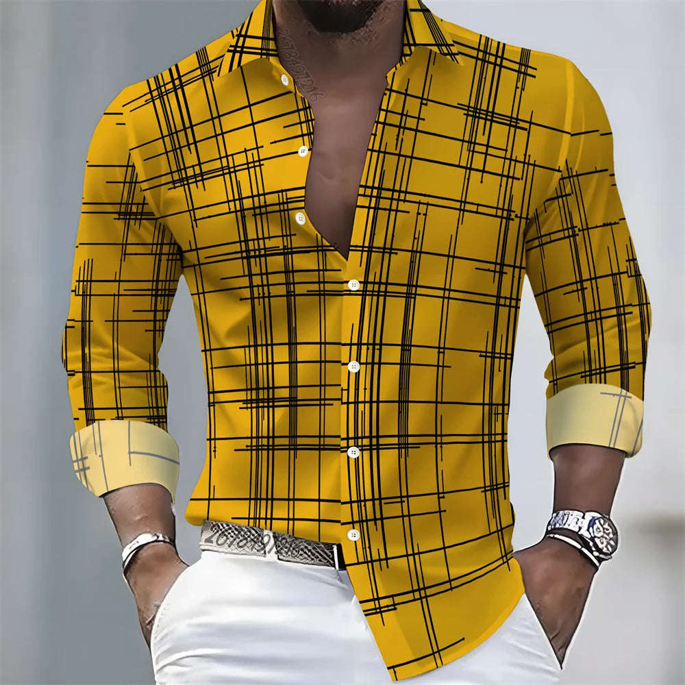 Men's long-sleeved striped shirt in 21 colors, casual European style from Showlu Fashion, comfortable loose fit for spring and autumn.