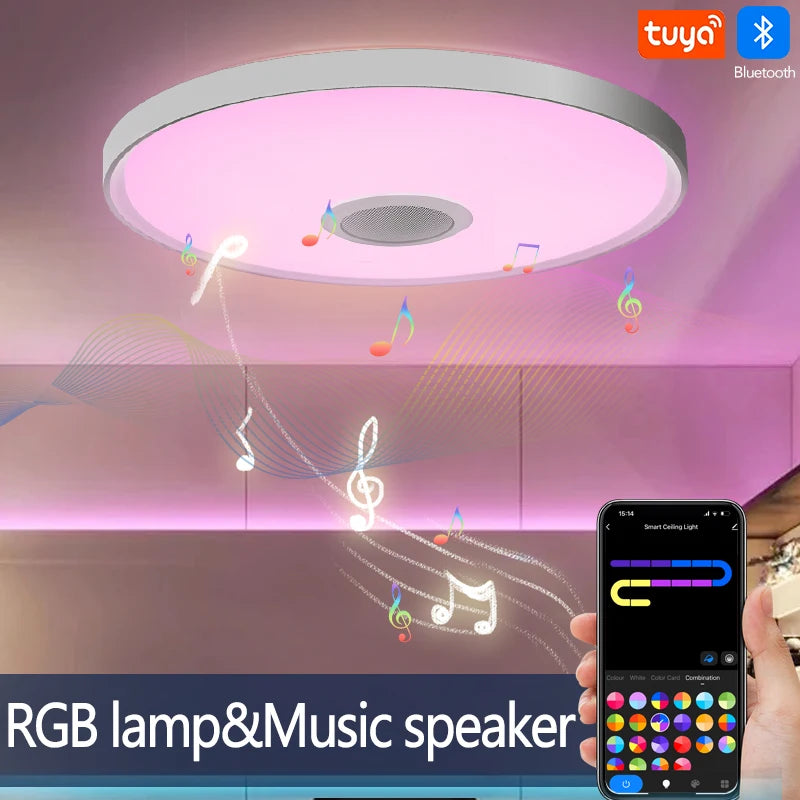 Showlu Smart RGB LED ceiling light with Bluetooth speaker and remote control, showcasing adjustable colors and modern design.