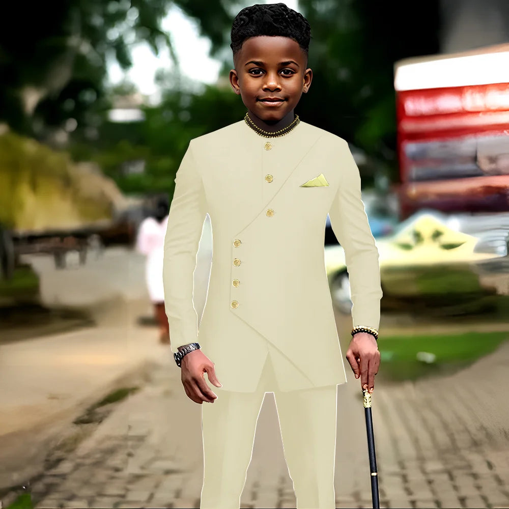 African boys' 2-piece suit with jacket and pants, suitable for parties and weddings, for kids aged 2-16, by Showlu Fashion.