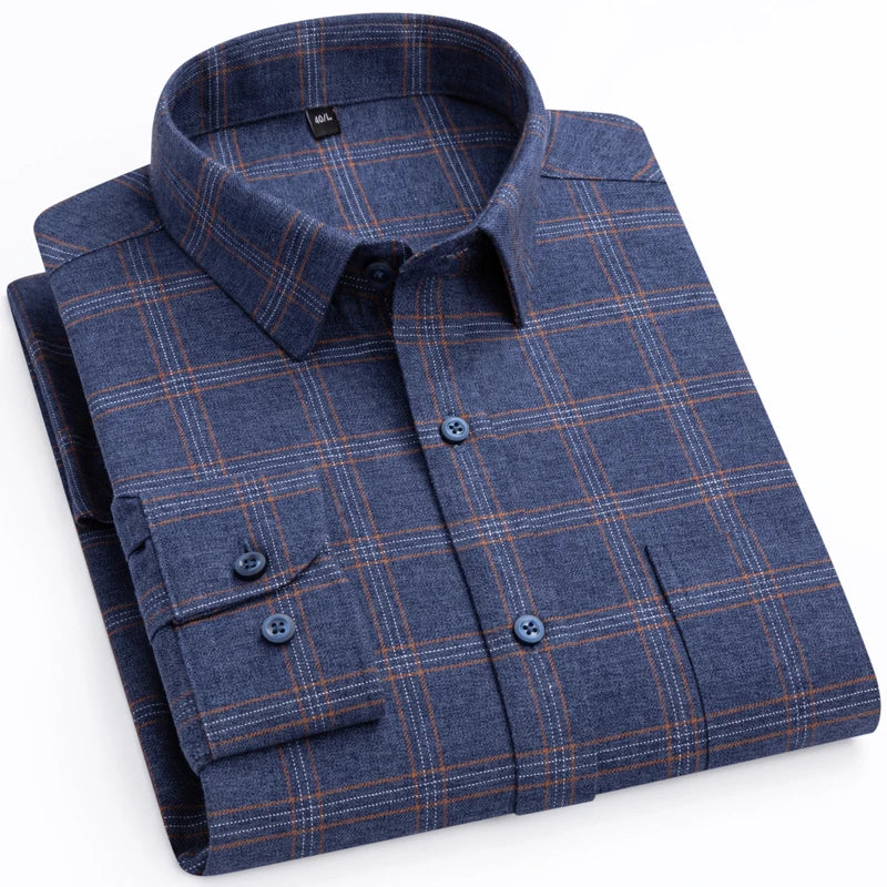 Men's flannel long sleeve cotton shirt with plaid pattern, soft brushed fabric, casual fit, England style from Showlu Fashion.