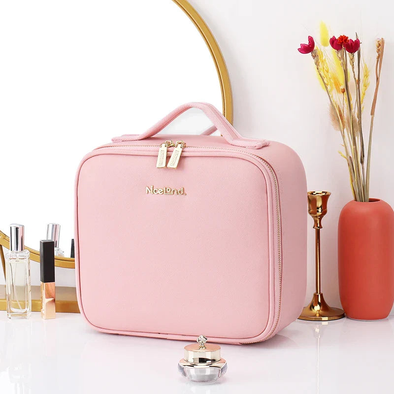 SHOWLU travel makeup bag with LED lighted mirror, PU leather toiletry case, compact and stylish for organizing cosmetics.
