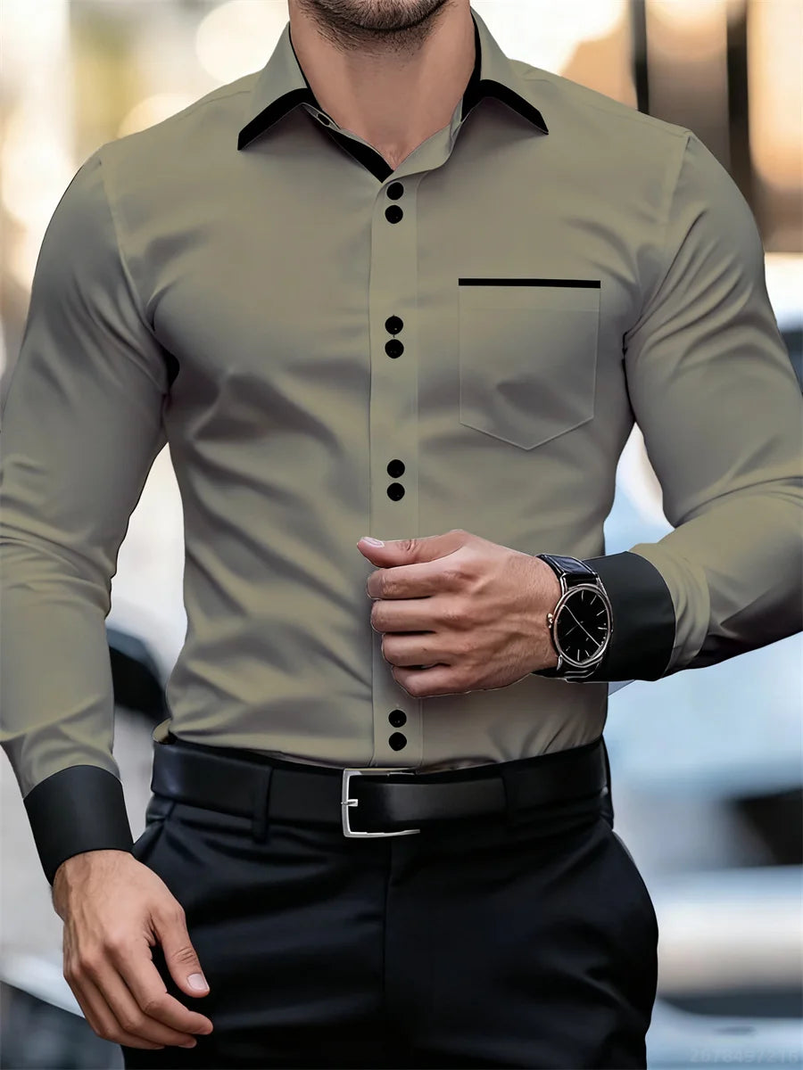 Men's black and white color block collar long sleeve shirt with slim fit and wrinkle-free fabric, stylish patchwork design.