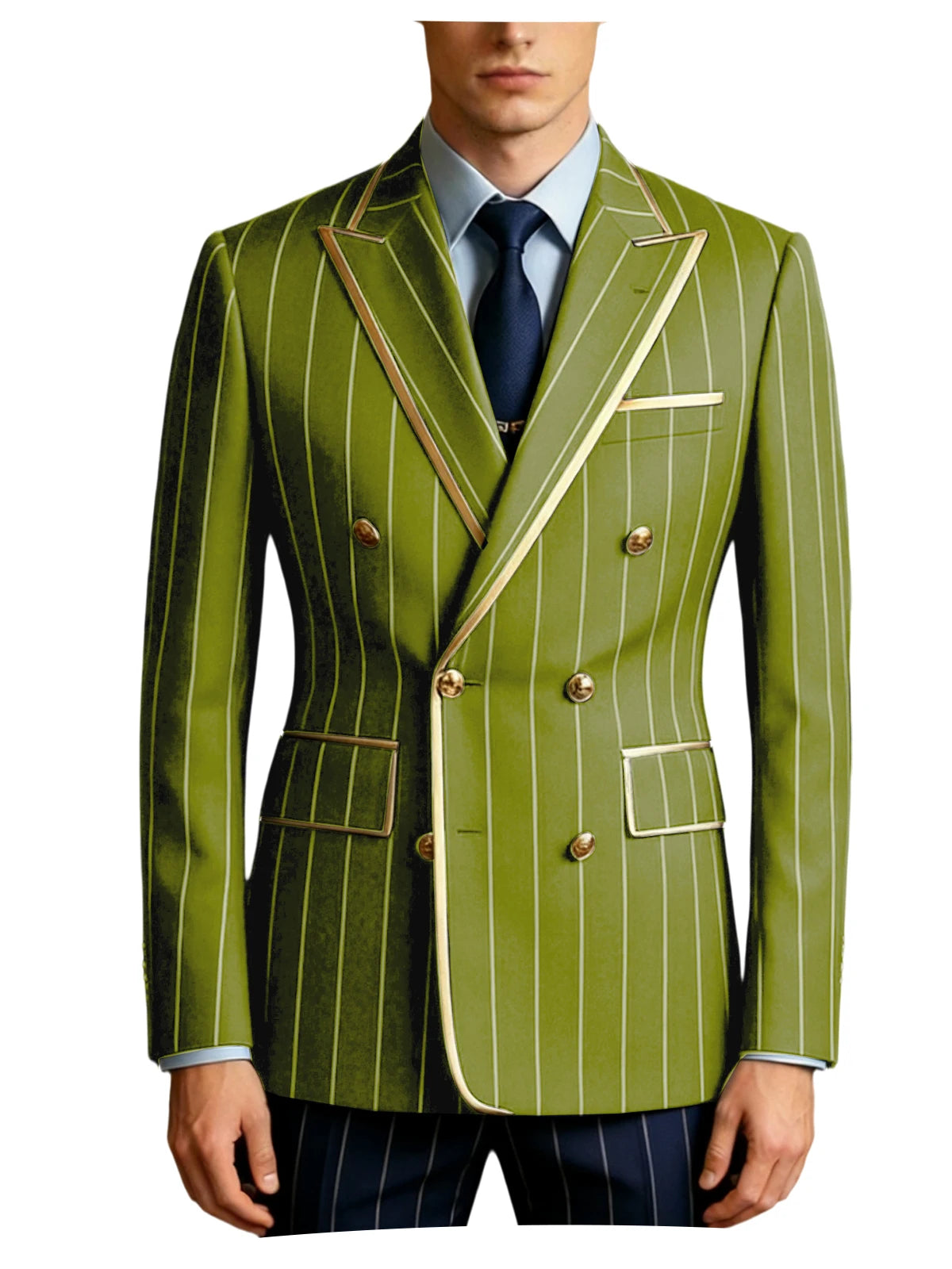 Men's Pinstripe Blazer Double Breasted Gold Trim Slim Fit Suit Jacket Peak Lapel Business Formal Tuxedo Coat for Wedding Prom