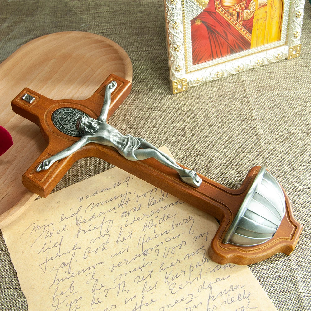 Handmade Catholic wooden crucifix with Jesus and St. Benedict medal, 4.3 inches, ideal for home prayer altar or religious decor.