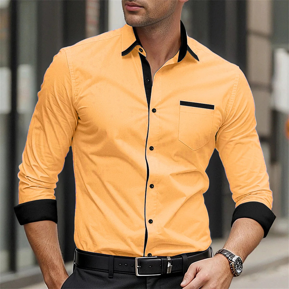 Men's formal long-sleeve button-up shirt in solid color with lapel, suitable for weddings and daily wear, from Showlu Fashion Store.