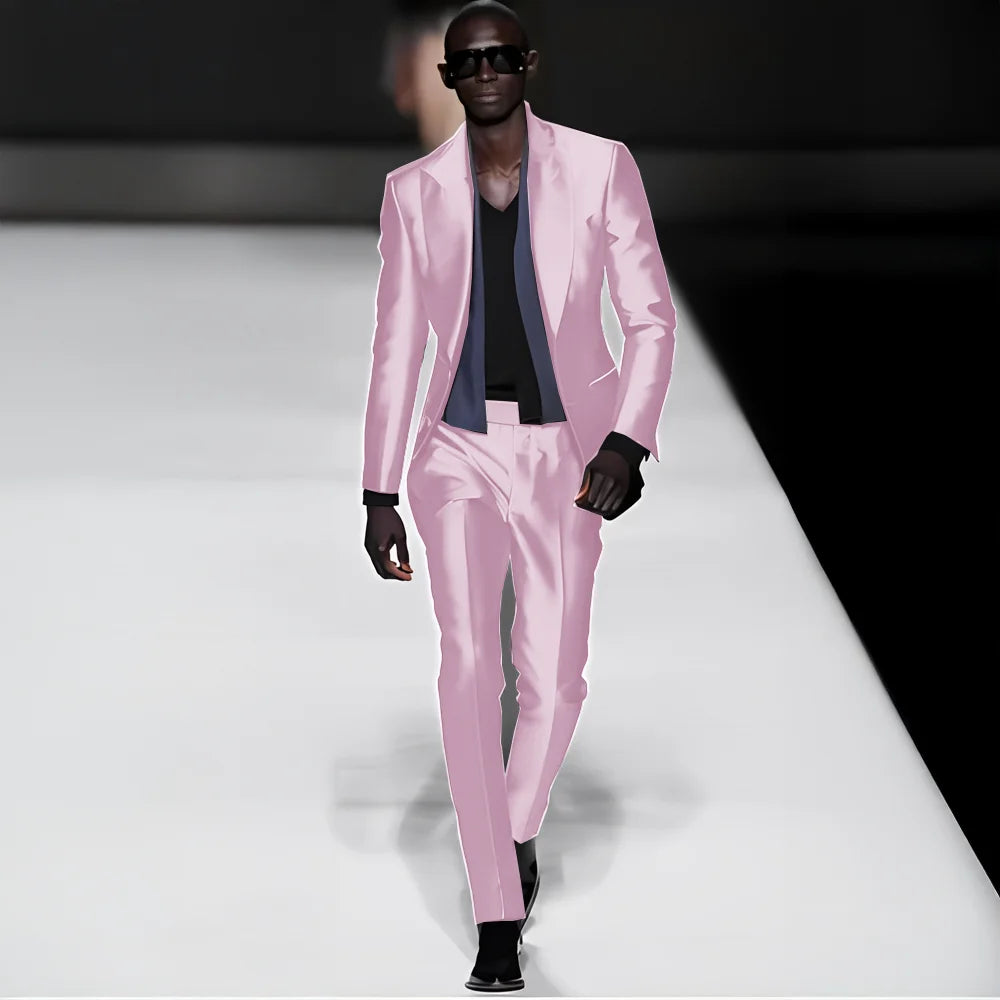 Elegant men's satin suit by Showlu Fashion featuring a peak lapel blazer and matching pants for wedding and formal occasions.