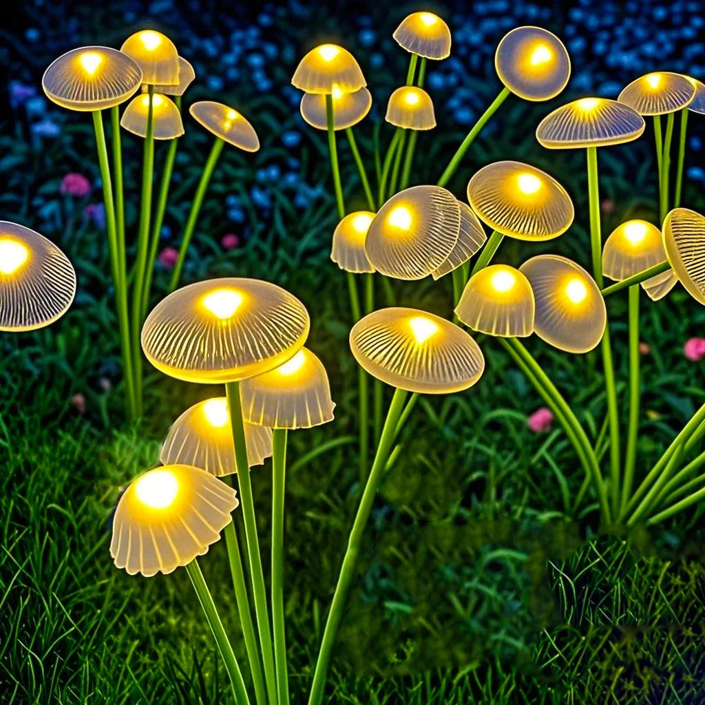 GCTECHING Aura-Mycelia kinetic solar landscape lights with six heads illuminating a garden pathway at dusk
