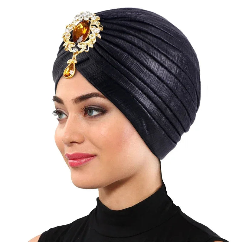 Indian Women Chemo Cap Muslim Diamonds Hijab Pleated Turban Wrap Headscarf Beanies Hair Loss Bonnet Hat Femme Turbante Mujer New SHOWLU FASHION STORE