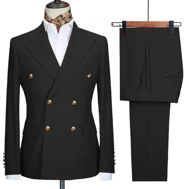 Royal blue men's double-breasted business suit by Showlu Fashion, featuring tailored fit and classic style for formal occasions.