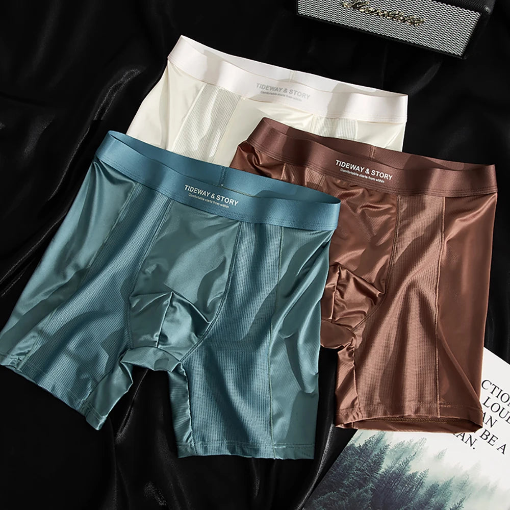 Three pairs of Showlu Fashion satin-like men's boxers in cool ice silk fabric, antibacterial, breathable, quick-dry, high elastic waistband