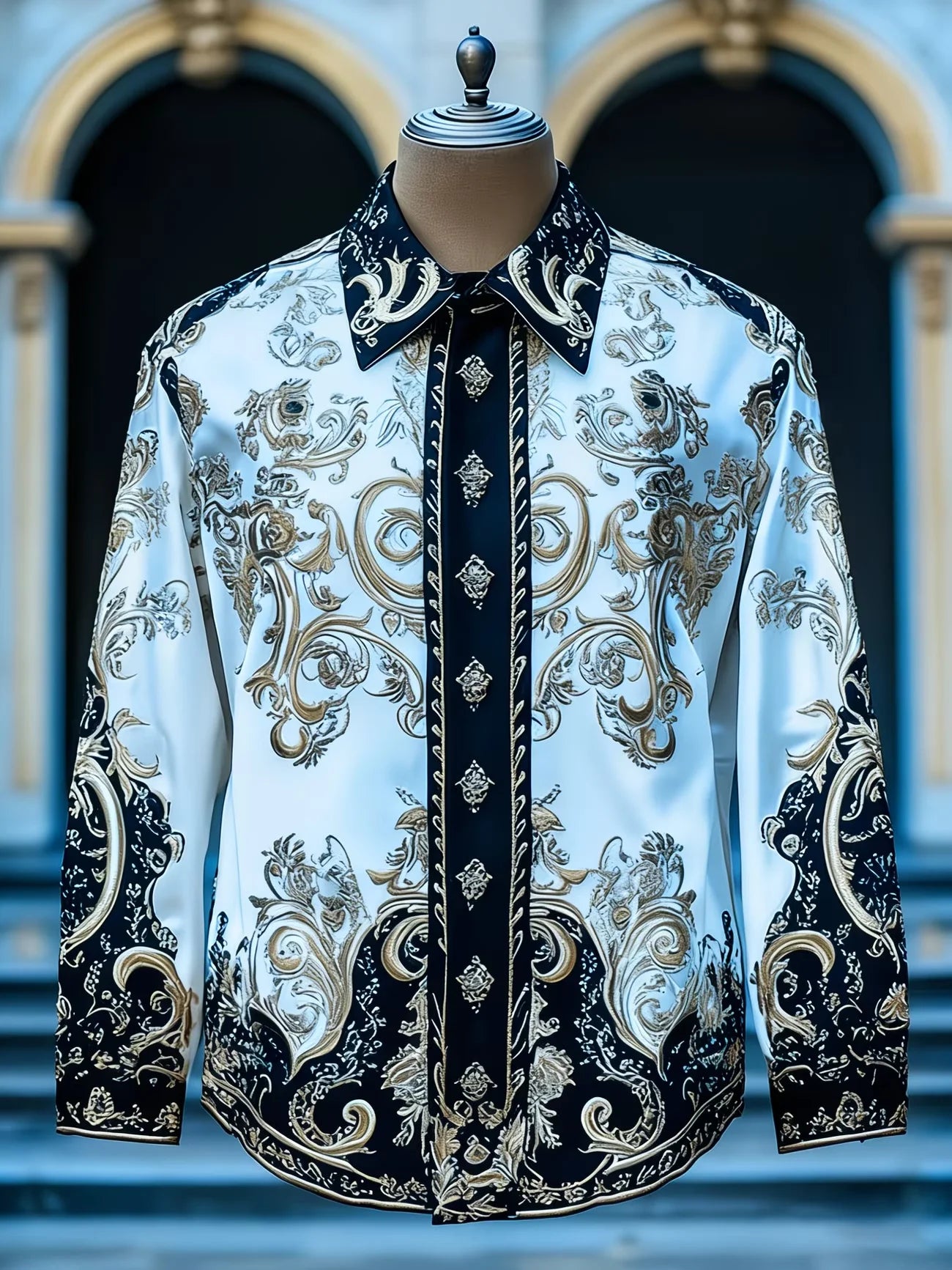 Showlu Men's iris flower 3D print silk shirt with slim fit long sleeves, stylish floral design and elegant craftsmanship.