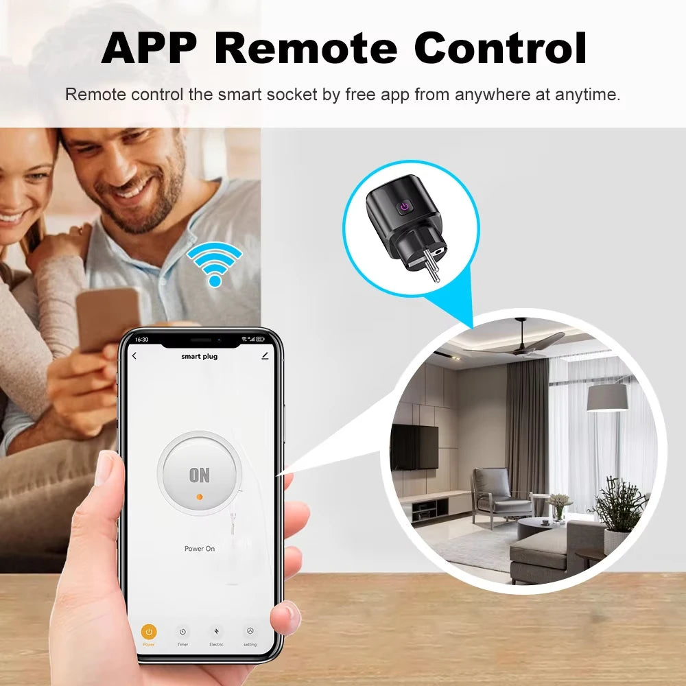 WiFi smart plug with EU socket and power monitor from Showlu Smart, featuring voice control and easy connection for home automation.