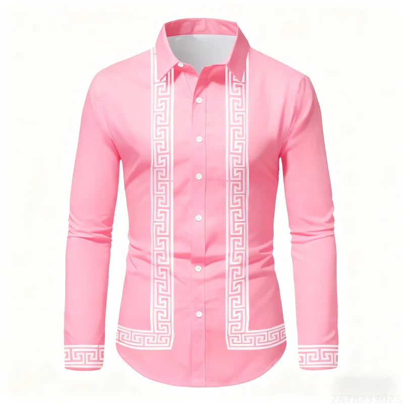 Men's retro geometric print long-sleeve shirt in black and white, slim fit, stylish casual top by Showlu Fashion Store.