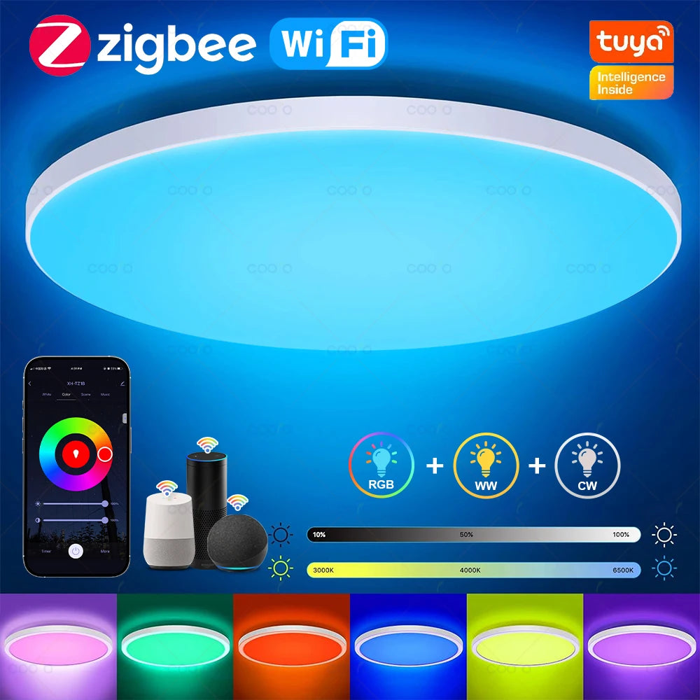 Showlu Smart RGB LED ceiling light with WiFi and Zigbee connectivity, featuring colorful RGB lighting and modern ceiling mount.