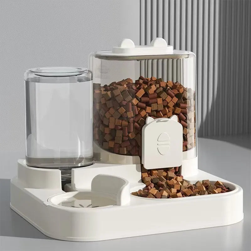 Showlu automatic pet feeder and water fountain with large capacity food bowl, stainless steel design for cats and small dogs.