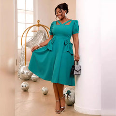 2024 New fashion comfortable puffed sleeve lake-green dress Commuter party bow high-waisted dress