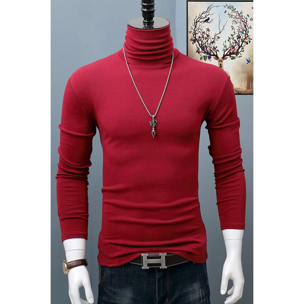Men's dark red stretch turtleneck long sleeve shirt, classic autumn winter casual top, plus size, Showlu Fashion.