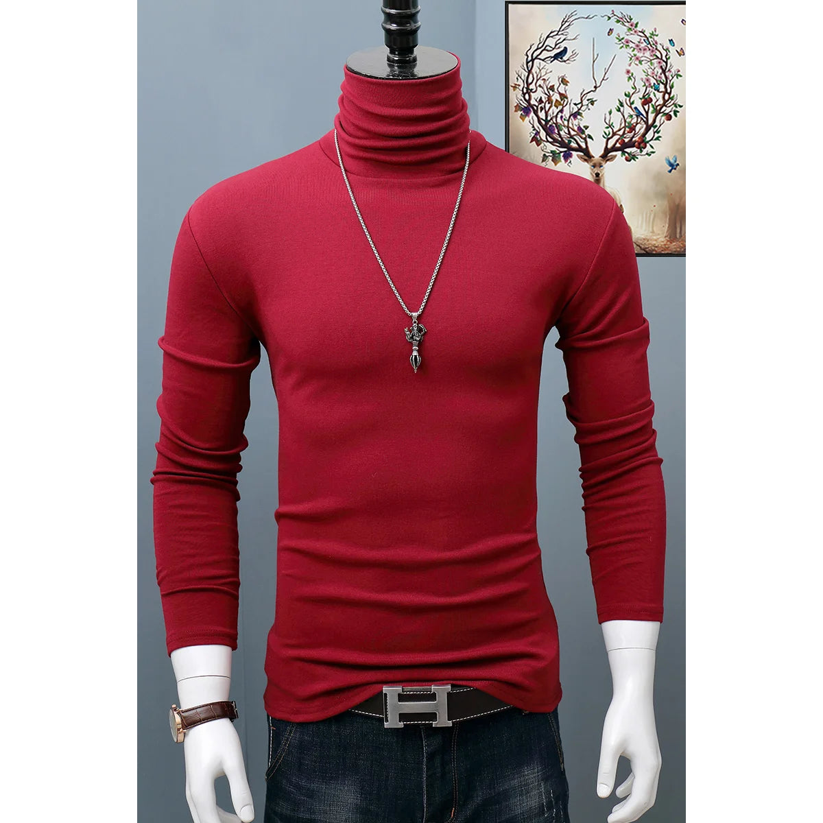 Men's dark red stretch turtleneck long sleeve shirt, classic autumn winter casual top, plus size, Showlu Fashion.