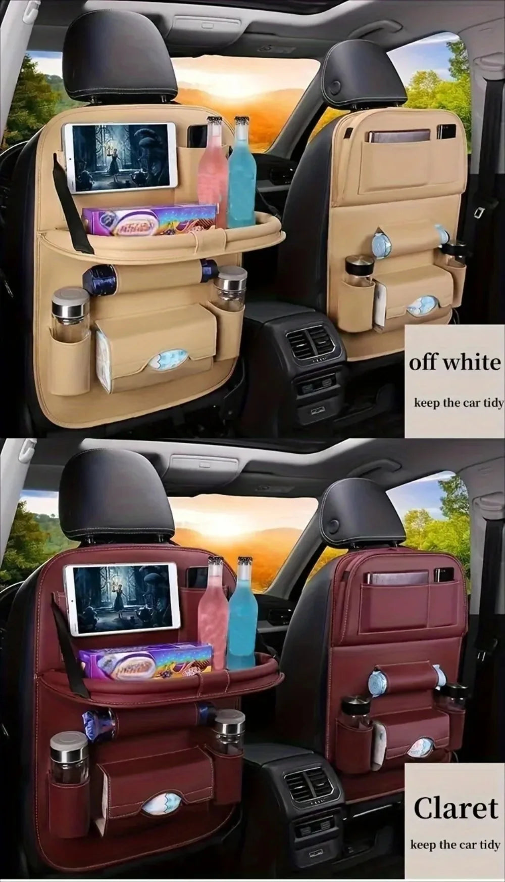Showlu Smart General car seat organizer with tray, featuring multiple storage pockets and a foldable tray for convenient vehicle organization.