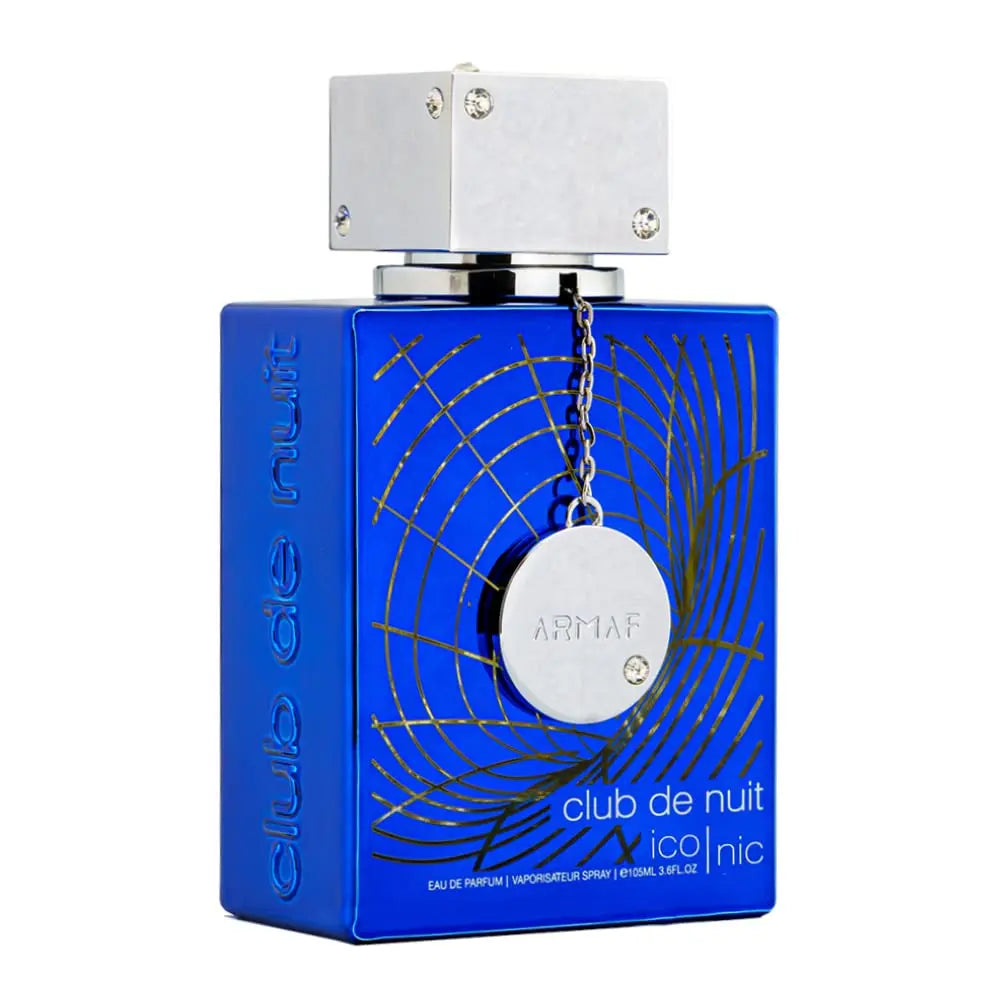 Armaf Club de Nuit Blue Iconic men's Eau de Parfum spray in 105ml bottle, showcasing sleek design and blue fragrance accents.