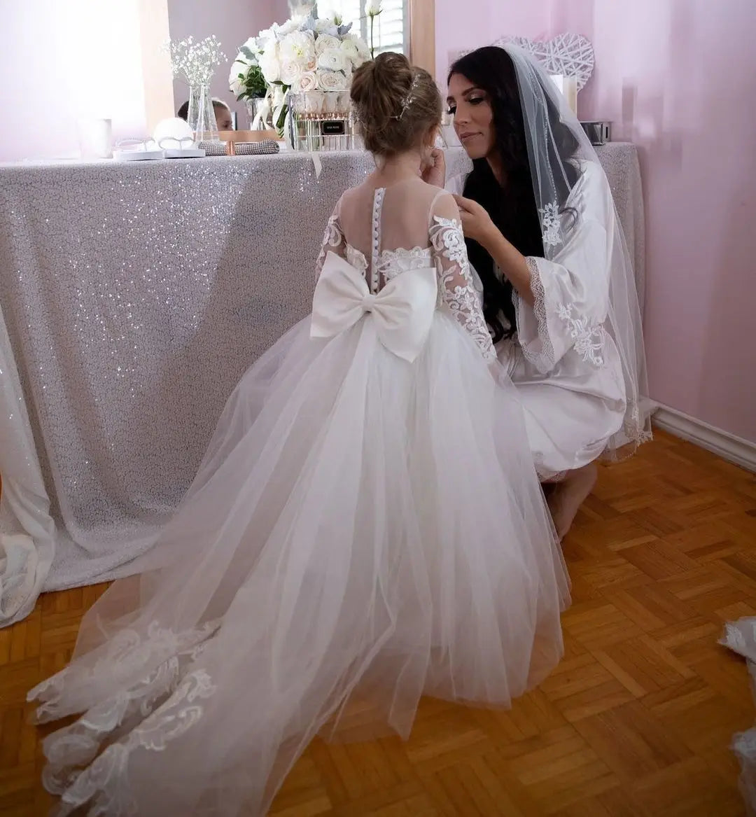 Baby online flower girl dress by Showlu Fashion with lace and tulle for first communion or special occasions.
