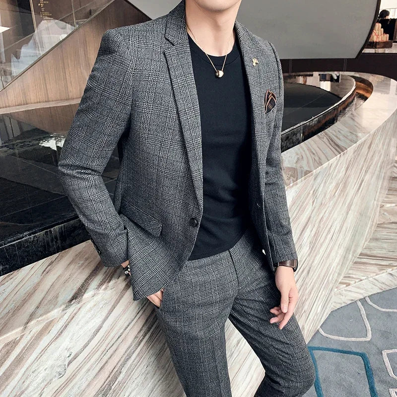 ( Blazer + Pants ) High-end Brand Formal Business Plaid Mens Suit Groom Wedding Dress Solid Color Stage Performance Tuxedo S-7XL SHOWLU FASHION STORE
