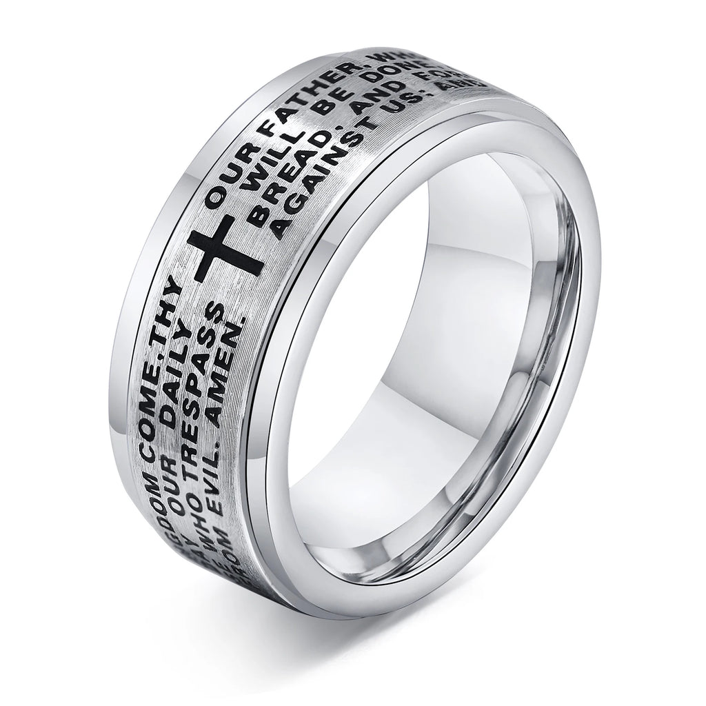 Stainless steel Vnox 8mm spinner cross ring for men with a prayer band design, featuring a detailed cross motif.